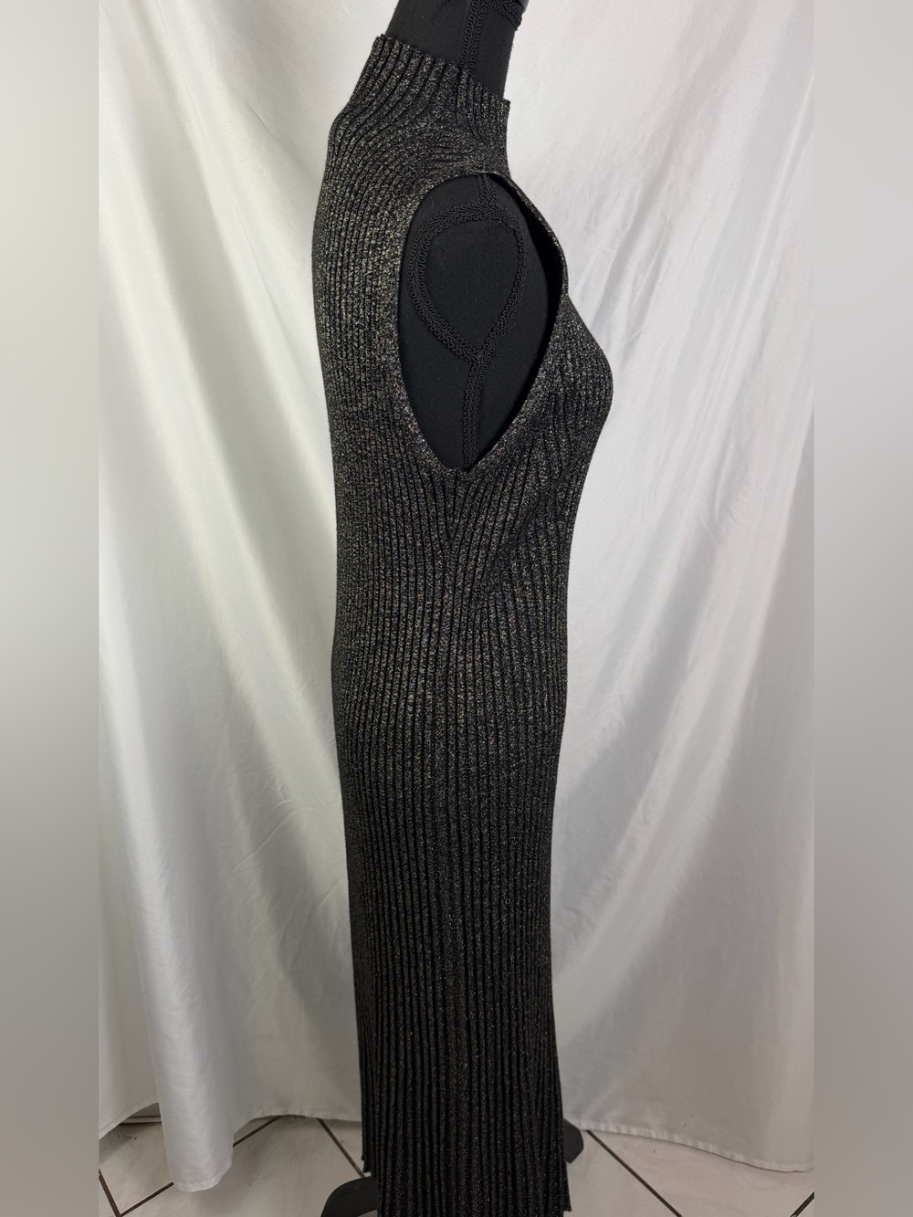 DKNY Black Metallic Ribbed Sleeveless Maxi Dress XL Shimmer Evening Glam Gown - Picture 5 of 7